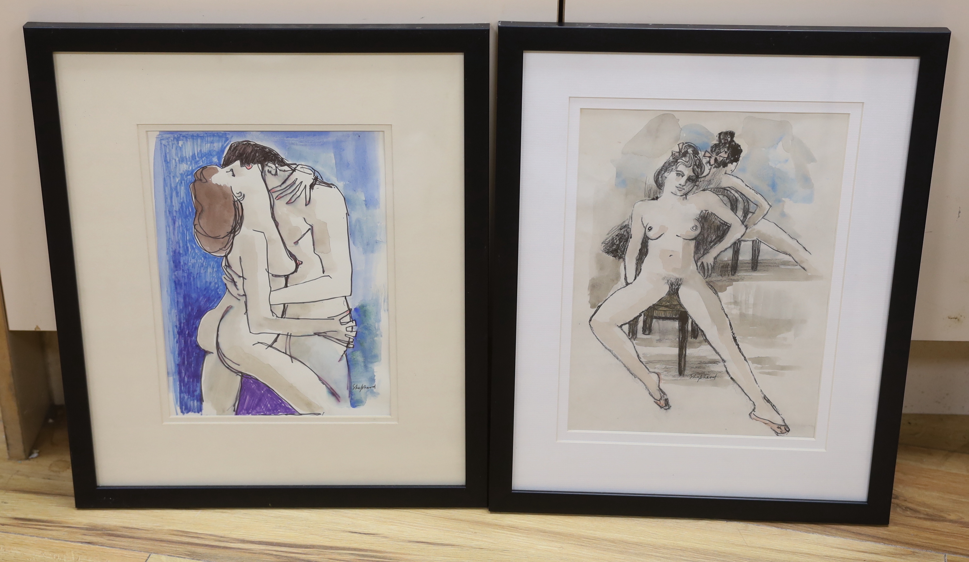 Sydney Horne Shepherd (1909-1993), two mixed media’s, Nude lady and Embracing couple, signed, the largest 30cm x 22cm